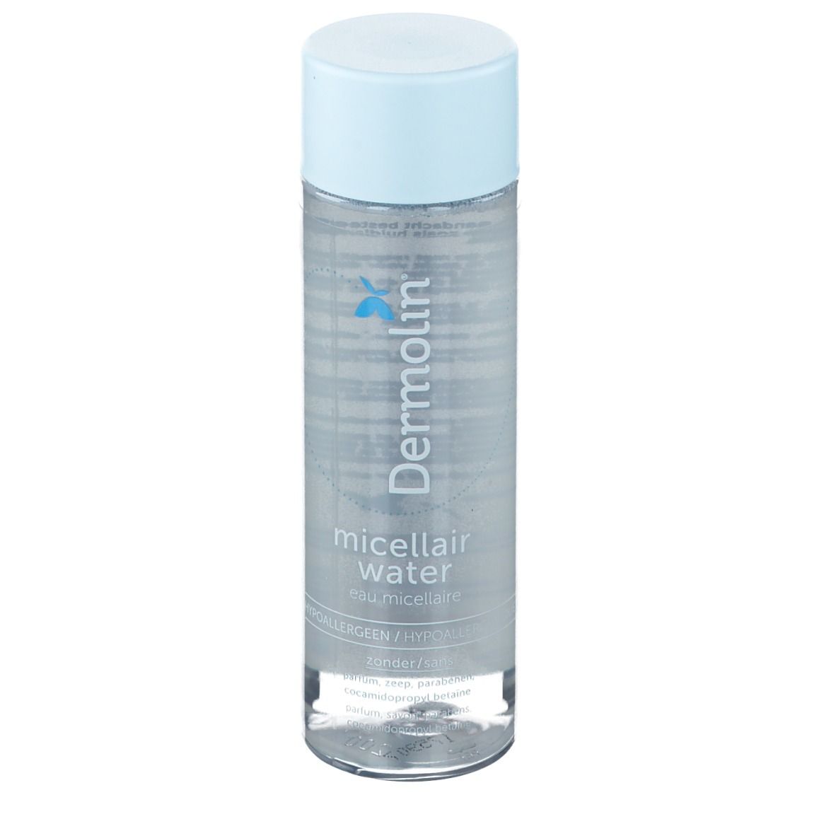 Zylindrische Flasche mit blauem Deckel. Aufschrift: Dermolin, micellair water, eau micellaire.
