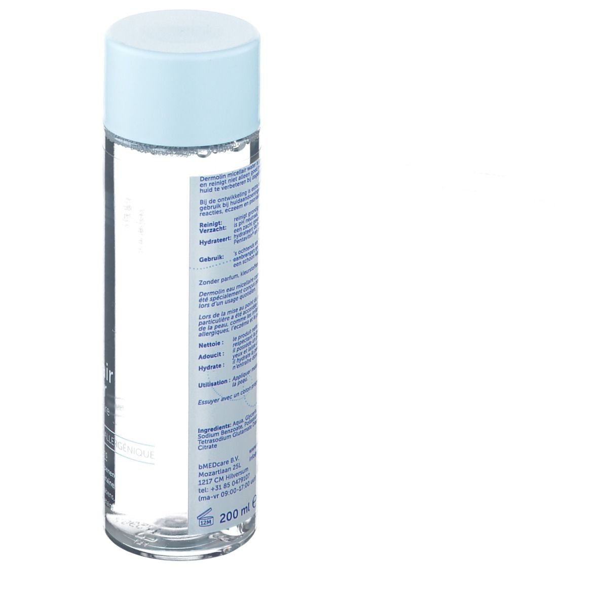 Zylindrische Flasche mit blauem Deckel. Rückseite mit Text. Volumen: 200 ml.