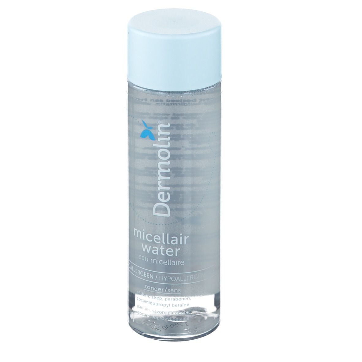 Zylindrische Flasche mit blauem Deckel. Aufschrift: Dermolin, micellair water, eau micellaire.