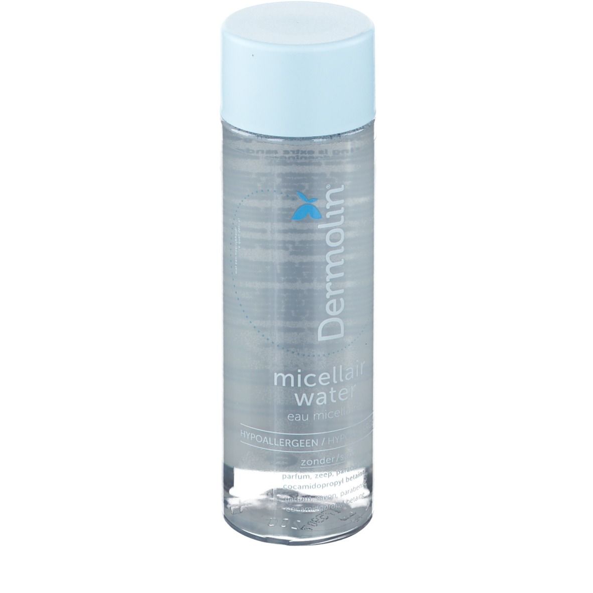 Zylindrische Flasche mit blauem Deckel. Aufschrift: Dermolin, micellair water, eau micellaire.