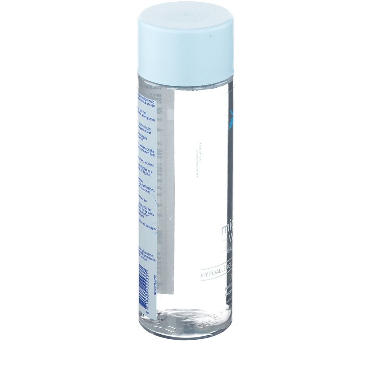 Zylindrische Flasche mit blauem Deckel. Rückseite mit Text.