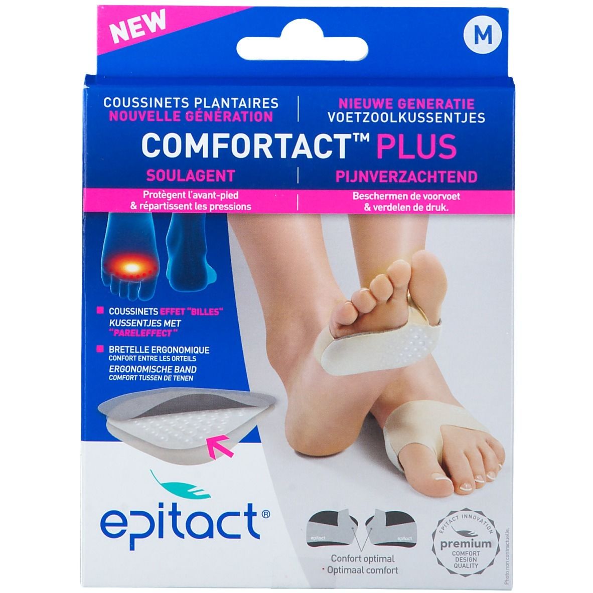 Epitact Comfortact Plus, Medium. Voetzoolkussentjes met ergonomische band. Verpakking met productafbeelding en voet. Tekst.