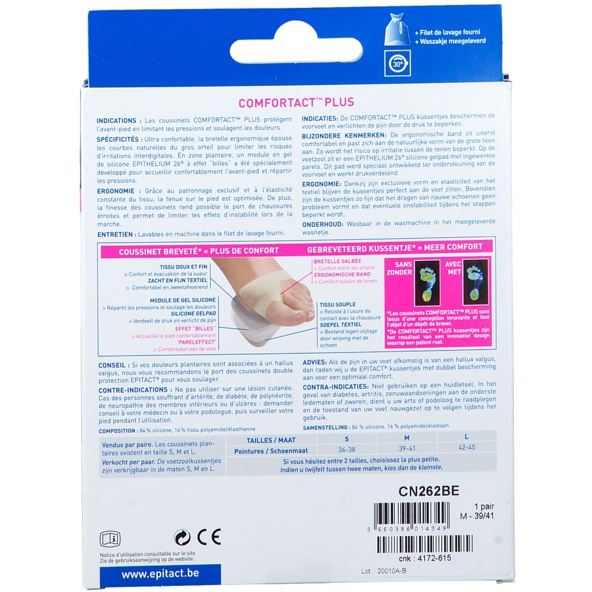 Epitact Comfortact Plus, Medium. Achterkant van de verpakking met productinformatie, tekst en illustraties. CE-markering.