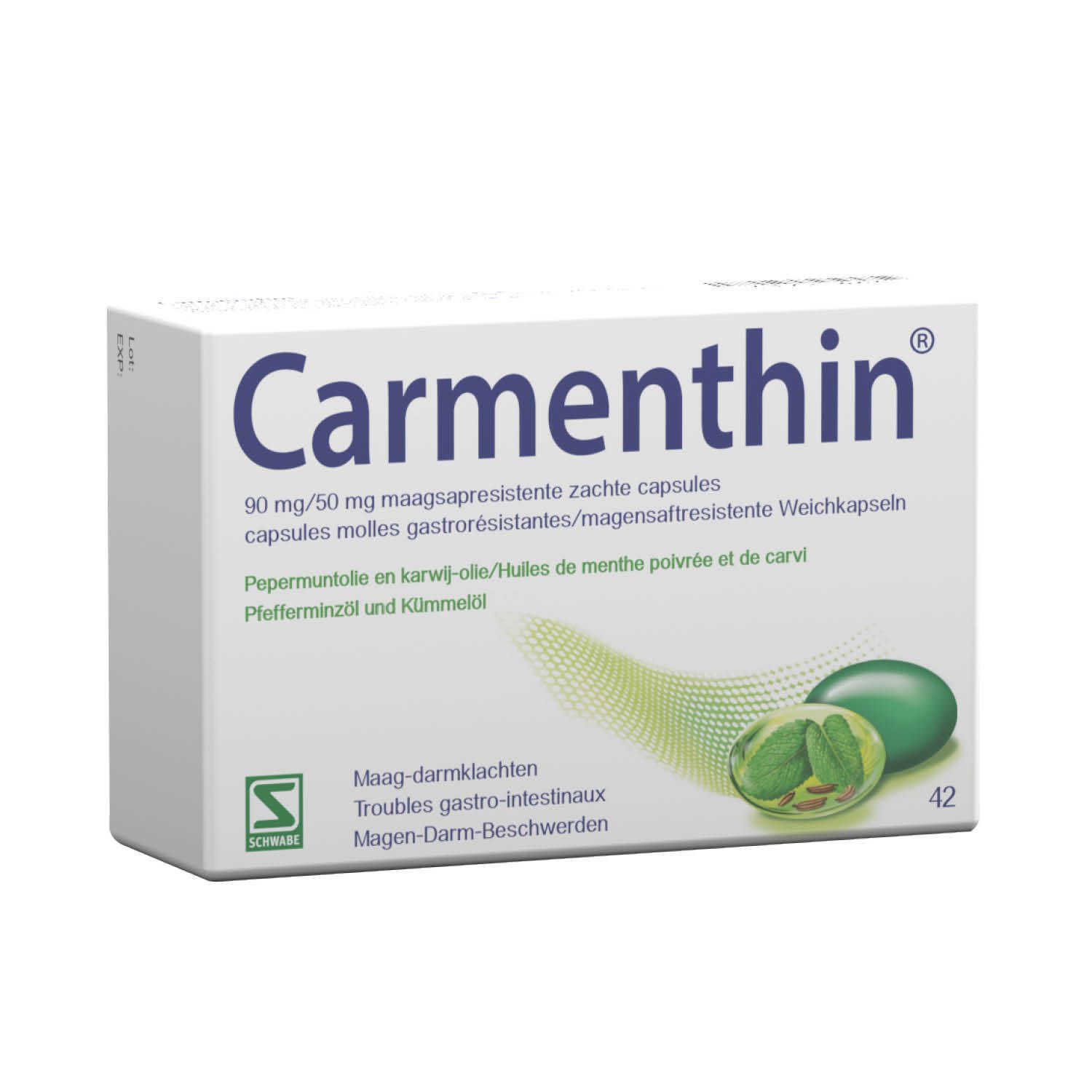 Boîte de gélules Carmenthin®. Inscription : 90 mg/50 mg. Illustration de gélules et d'herbes. 42 gélules.