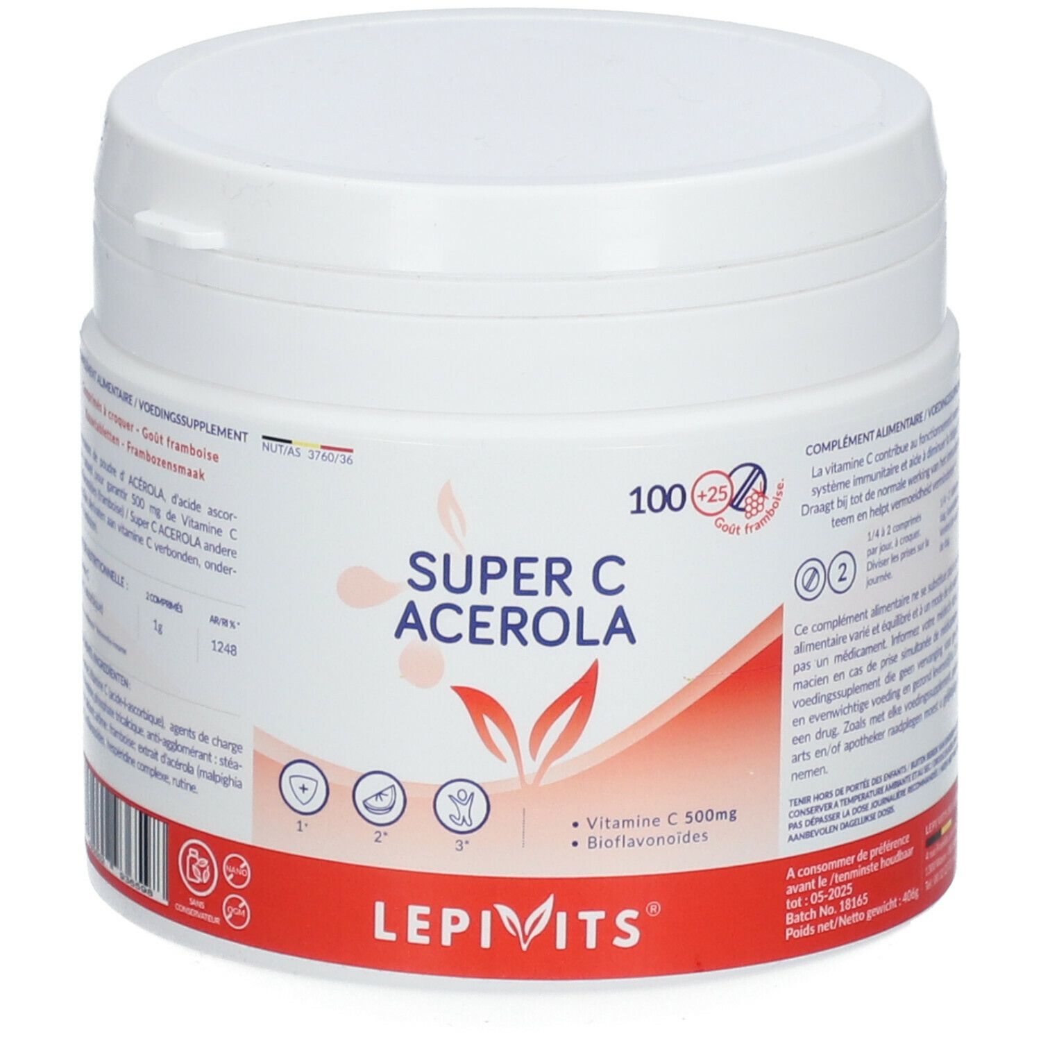 Pot blanc rond avec couvercle. Inscription: Super C Acerola, Vitamine C, Bioflavonoïdes. Marque: LEPIVITS.