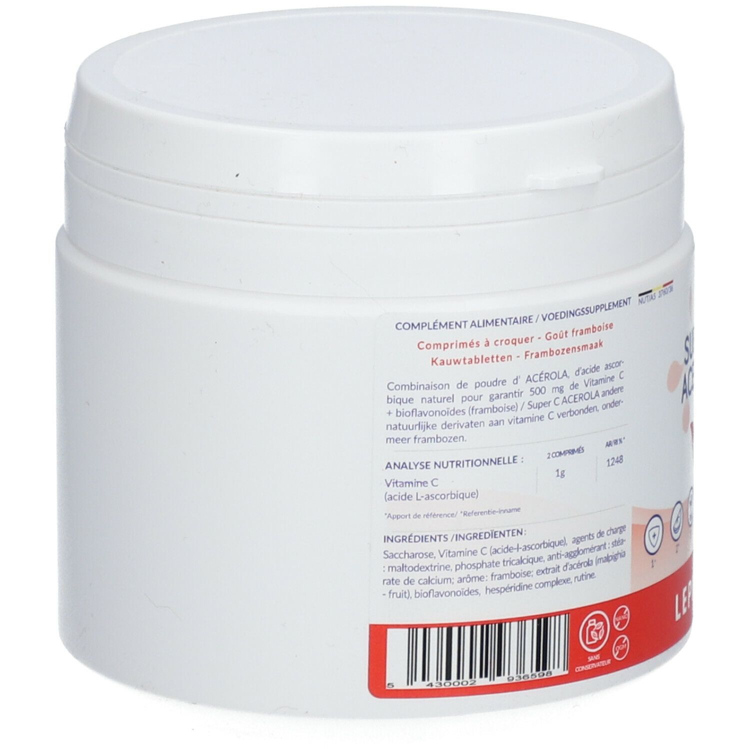 Pot de supplément blanc rond. Inscription: Super C Acerola, ingrédients, analyse nutritionnelle. Marque: LEPIVITS.
