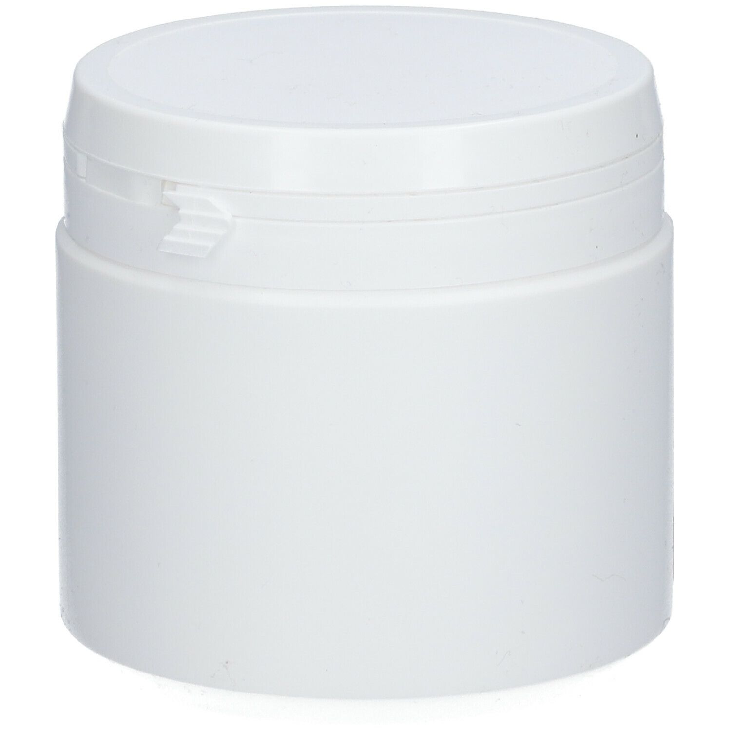 Pot de supplément cylindrique blanc avec couvercle. Sans autre inscription.
