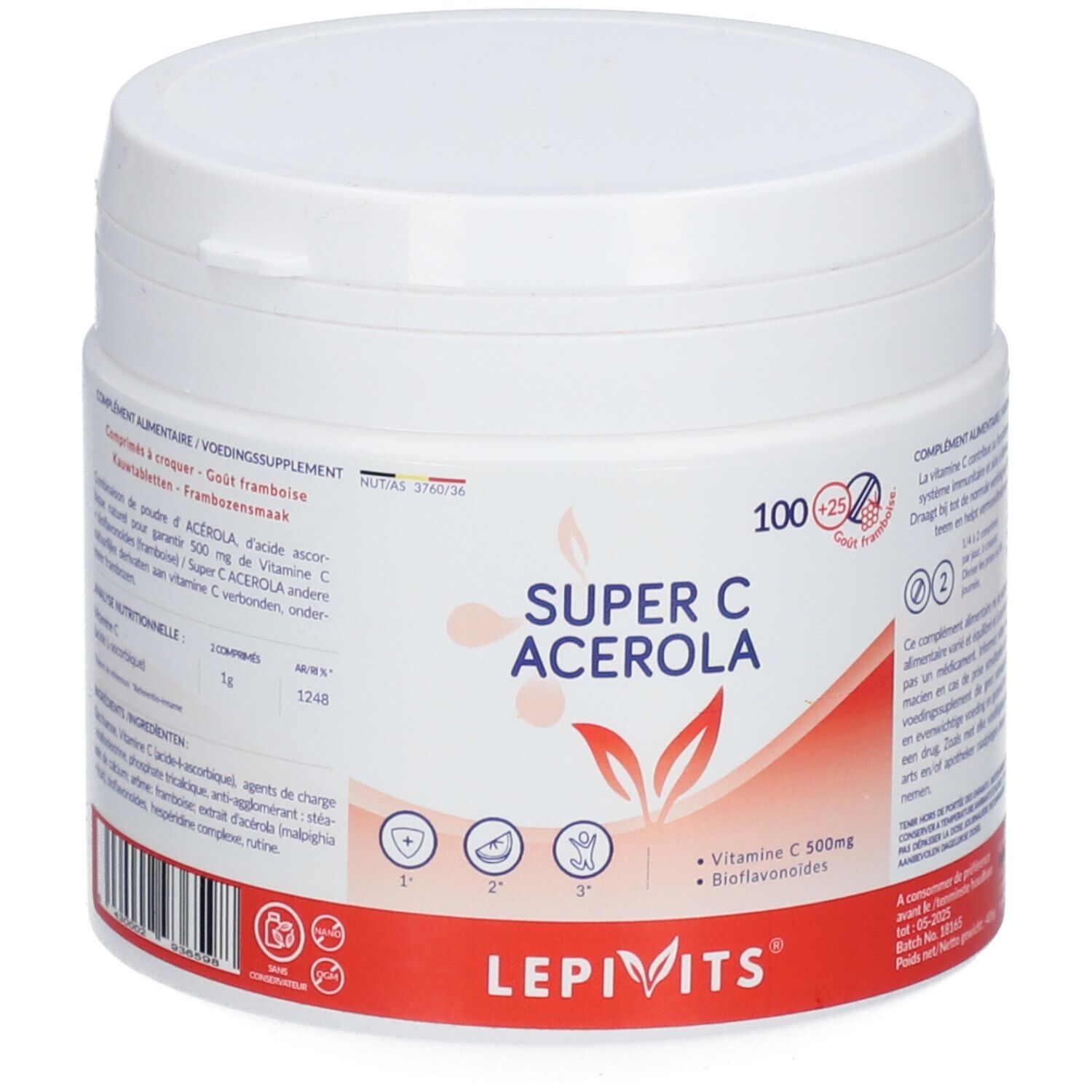 Pot blanc rond avec couvercle. Inscription: Super C Acerola, Vitamine C, Bioflavonoïdes. Marque: LEPIVITS.