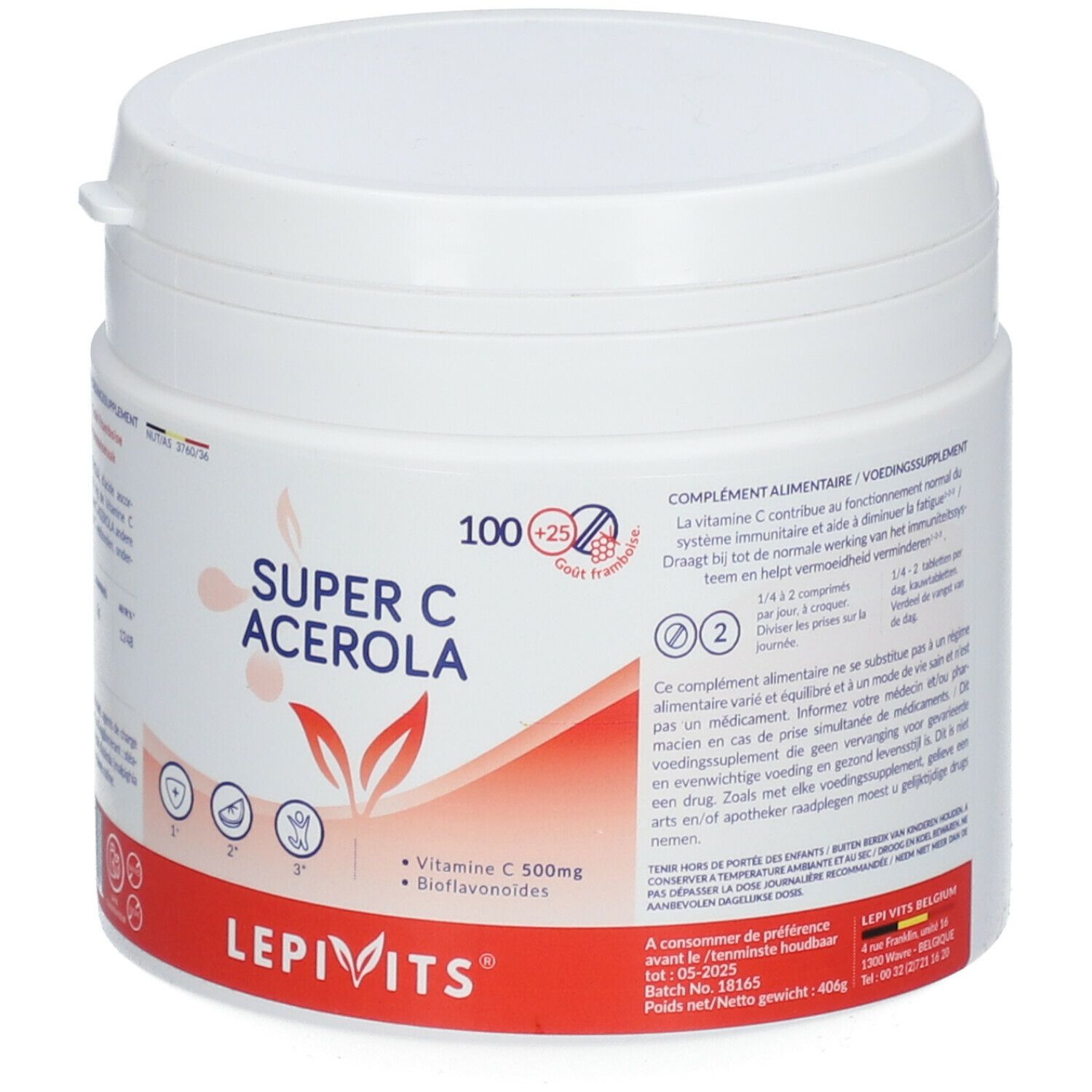 Pot blanc rond avec couvercle. Inscription: Super C Acerola, Vitamine C, Bioflavonoïdes. Marque: LEPIVITS.
