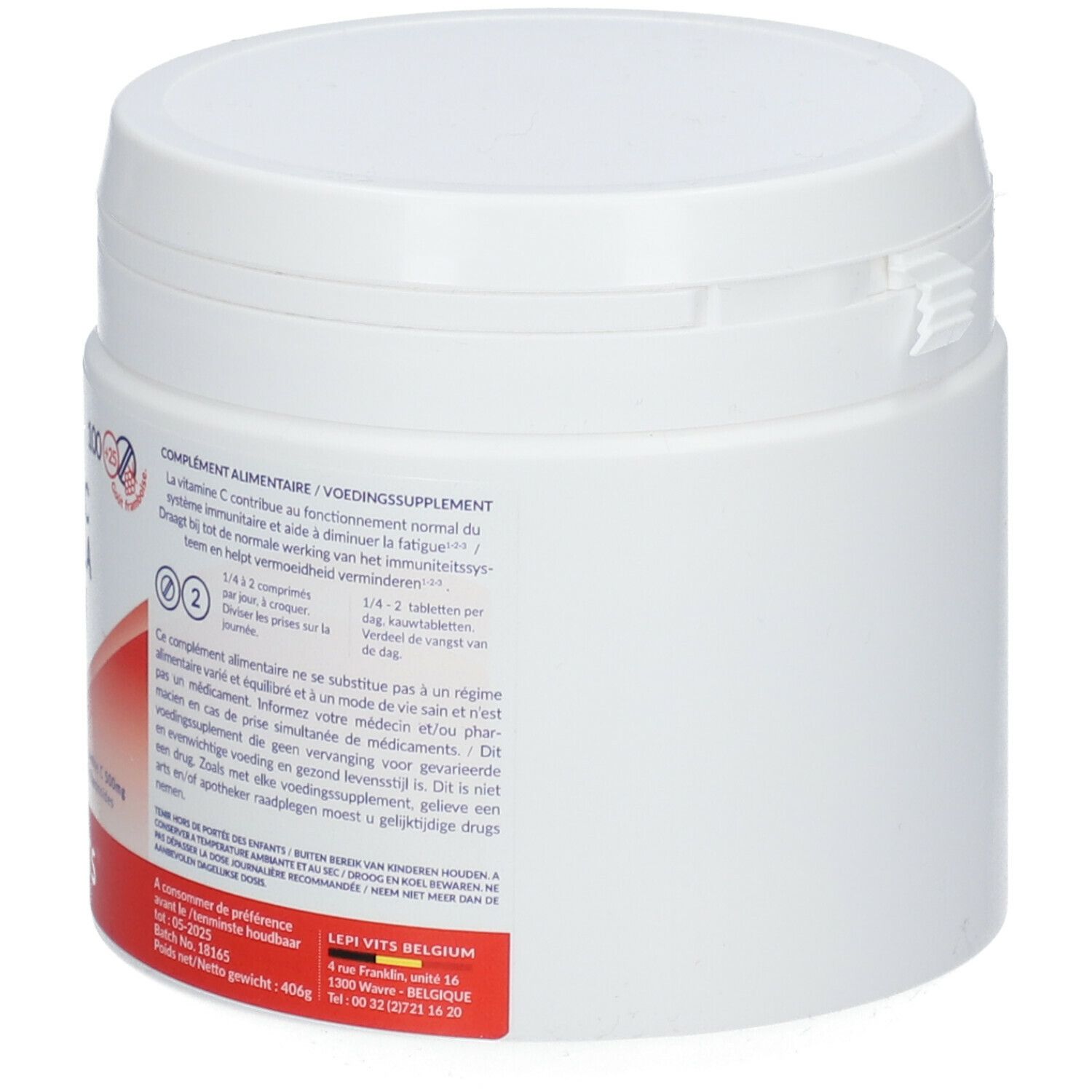Pot blanc rond avec couvercle. Inscription: Super C Acerola, ingrédients, informations nutritionnelles. Marque: LEPIVITS.