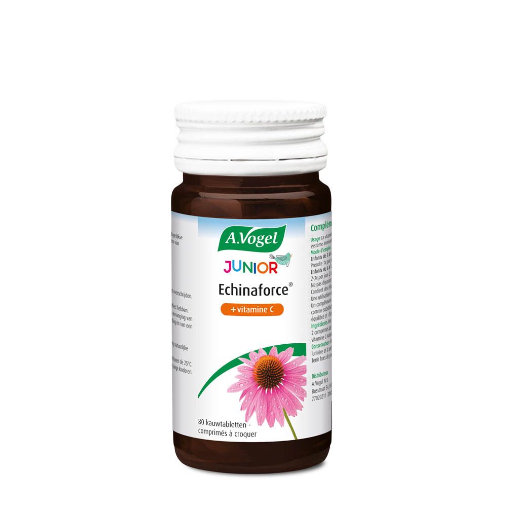 Flacon marron avec bouchon blanc. Étiquette avec nom du produit et fleur. Texte: Echinaforce Junior + vitamine C.
