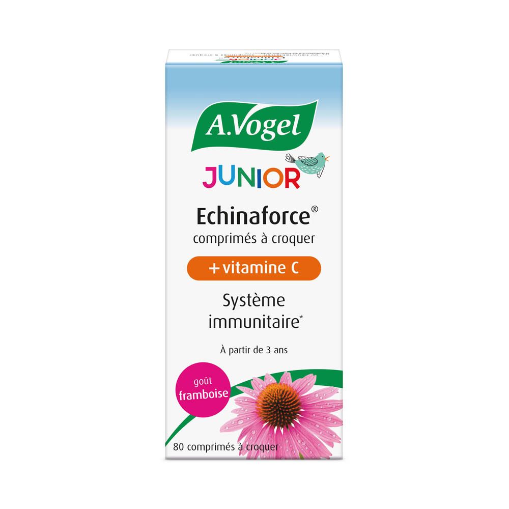 Emballage blanc avec nom du produit et image d'une fleur. Texte: Echinaforce Junior + vitamine C, Système immunitaire.