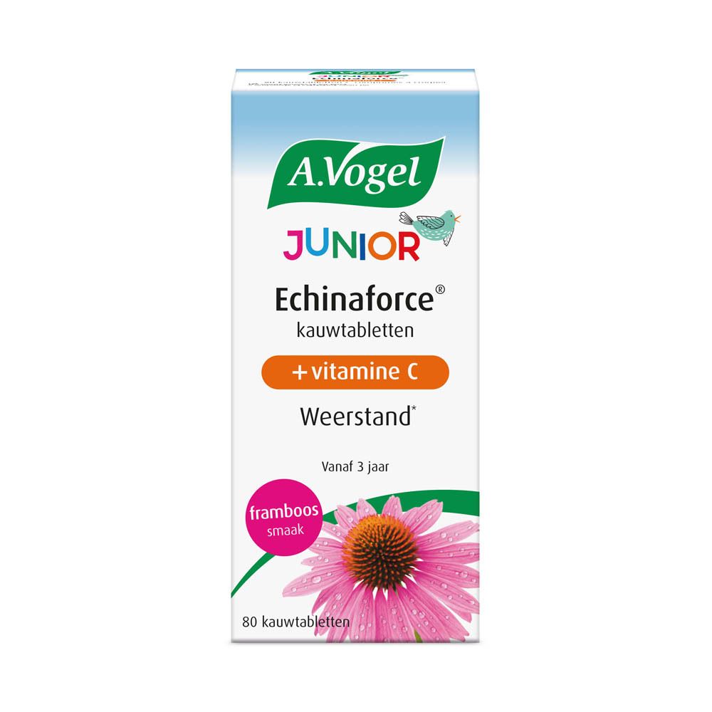 Witte verpakking met productnaam en afbeelding van een bloem. Tekst: Echinaforce Junior + vitamine C, Weerstand.