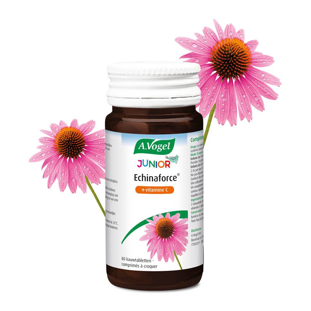 Flacon marron avec bouchon blanc, entouré de fleurs. Étiquette avec nom du produit et fleur. Texte: Echinaforce Junior + vitamine C.