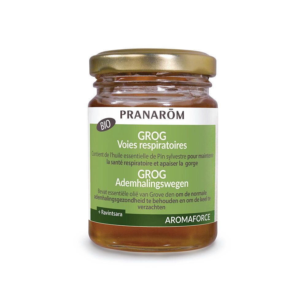 Pot en verre avec couvercle doré. Étiquette avec texte: Pranarôm, Grog, Voies respiratoires, Aromaforce. Label Bio.