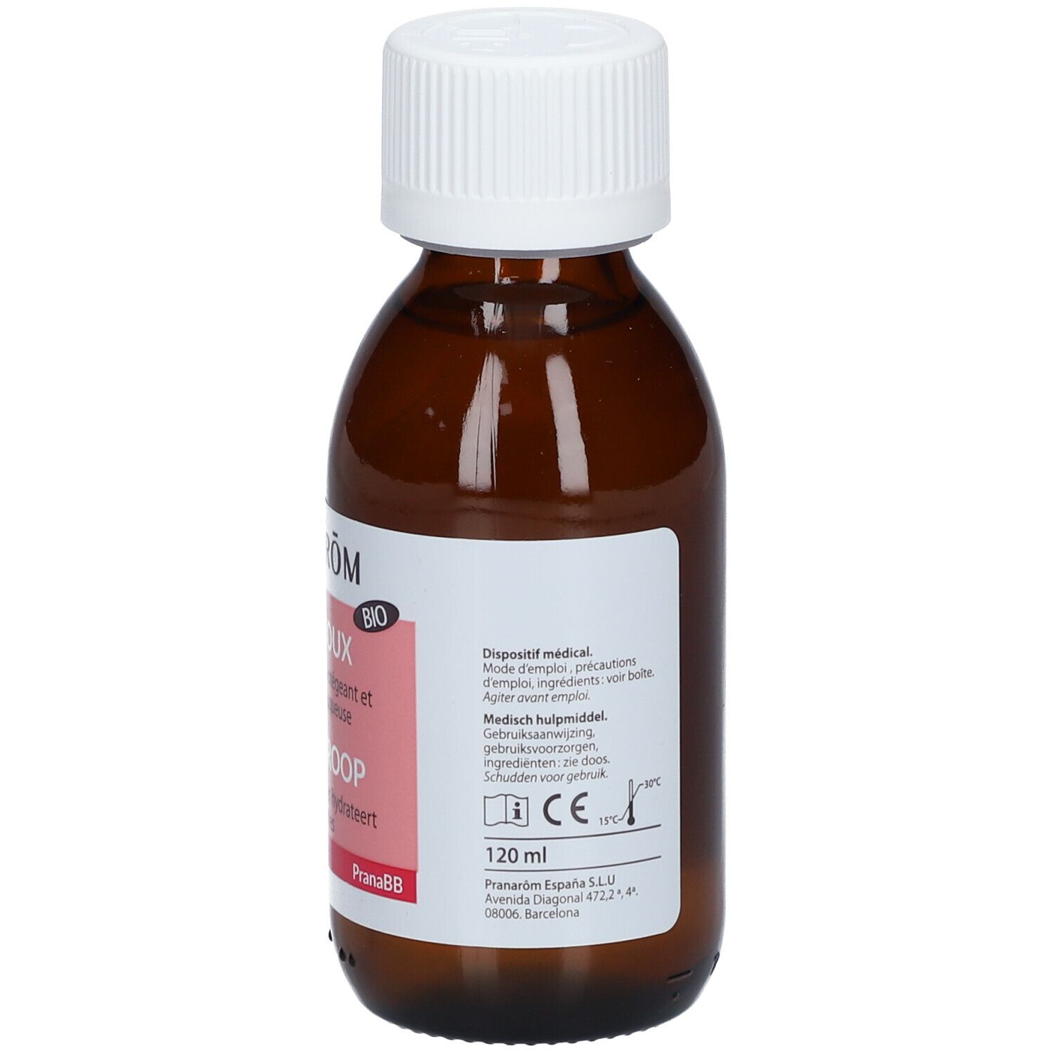 Flacon brun avec bouchon blanc. Étiquette avec texte: Sirop Toux, Hoestsiroop. 120 ml. Marquage CE.