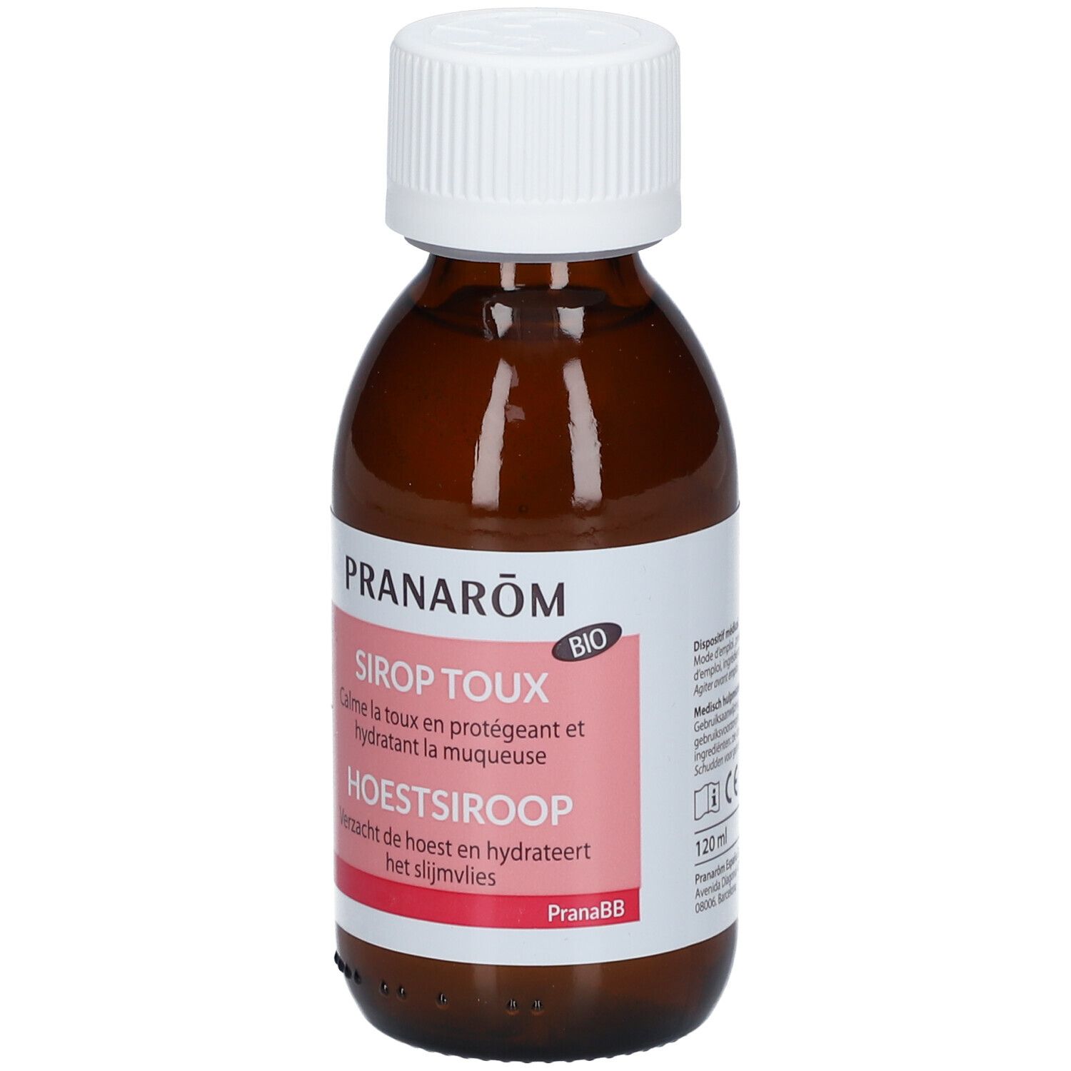 Flacon brun avec bouchon blanc. Étiquette avec texte: Sirop Toux, Hoestsiroop. Marque: Pranarôm. Certification bio.