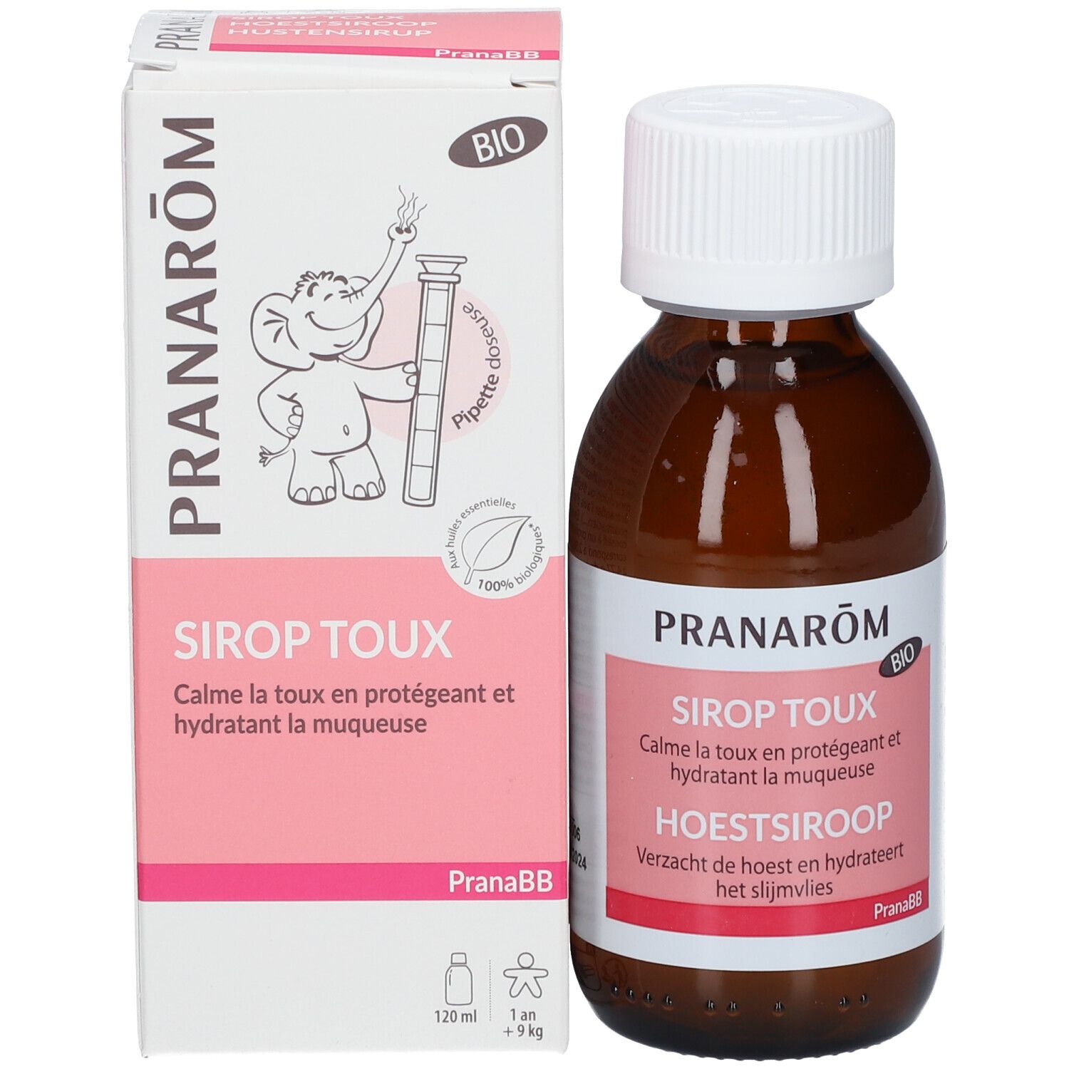 Emballage et flacon. Emballage avec texte: Sirop Toux, Hoestsiroop. Marque: Pranarôm. Certification bio.