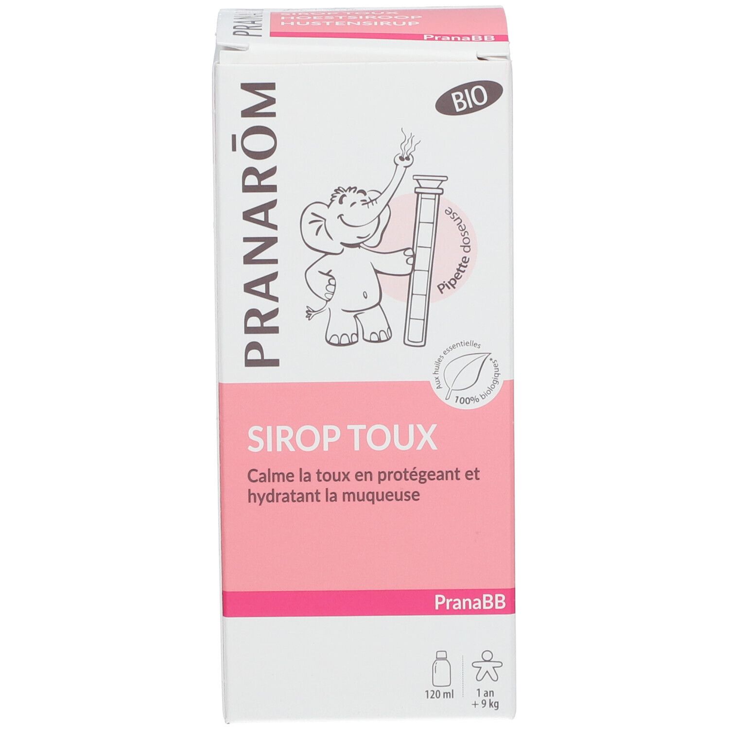 Emballage du produit. Emballage avec texte: Sirop Toux, Hoestsiroop. Marque: Pranarôm. Certification bio.