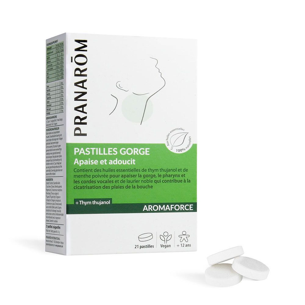 Boîte de Pastilles Gorge PRANAROM. 21 pastilles, vegan, +12 ans. Pastilles blanches à côté.