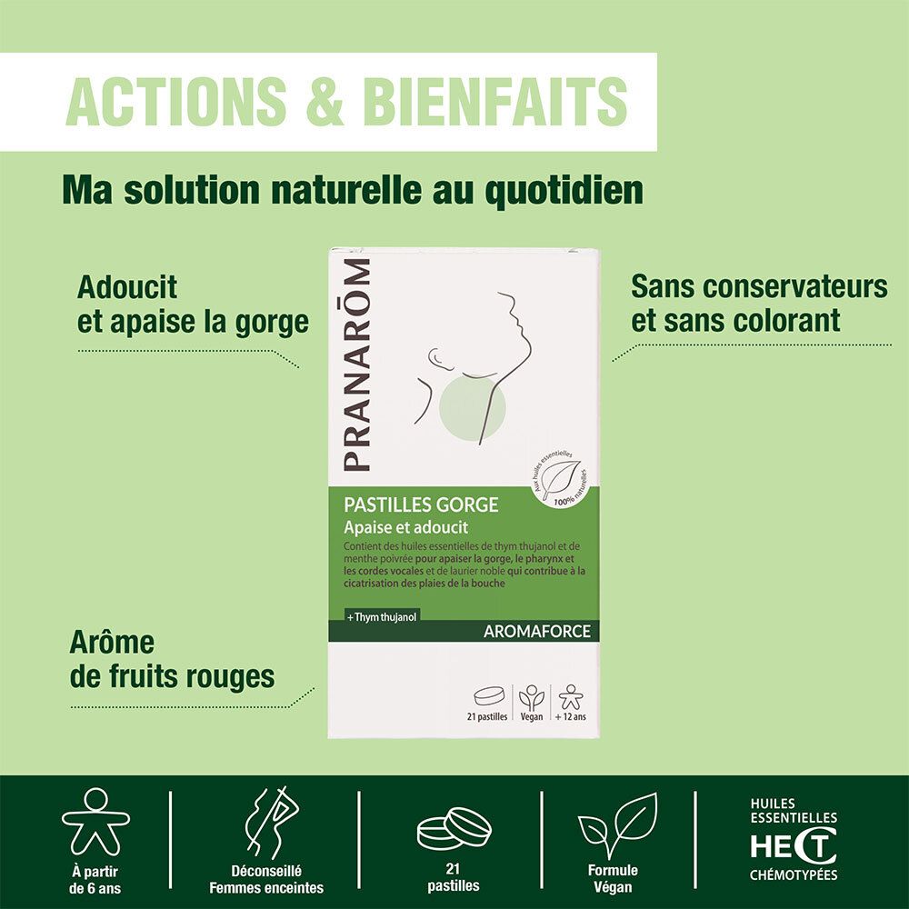 Infographie Pastilles Gorge PRANAROM. Avantages : apaise la gorge, sans conservateurs, sans colorants. 21 pastilles, vegan.