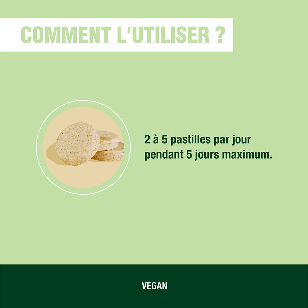 Utilisation des Pastilles Gorge PRANAROM. 2 à 5 pastilles par jour, 5 jours maximum. Vegan.