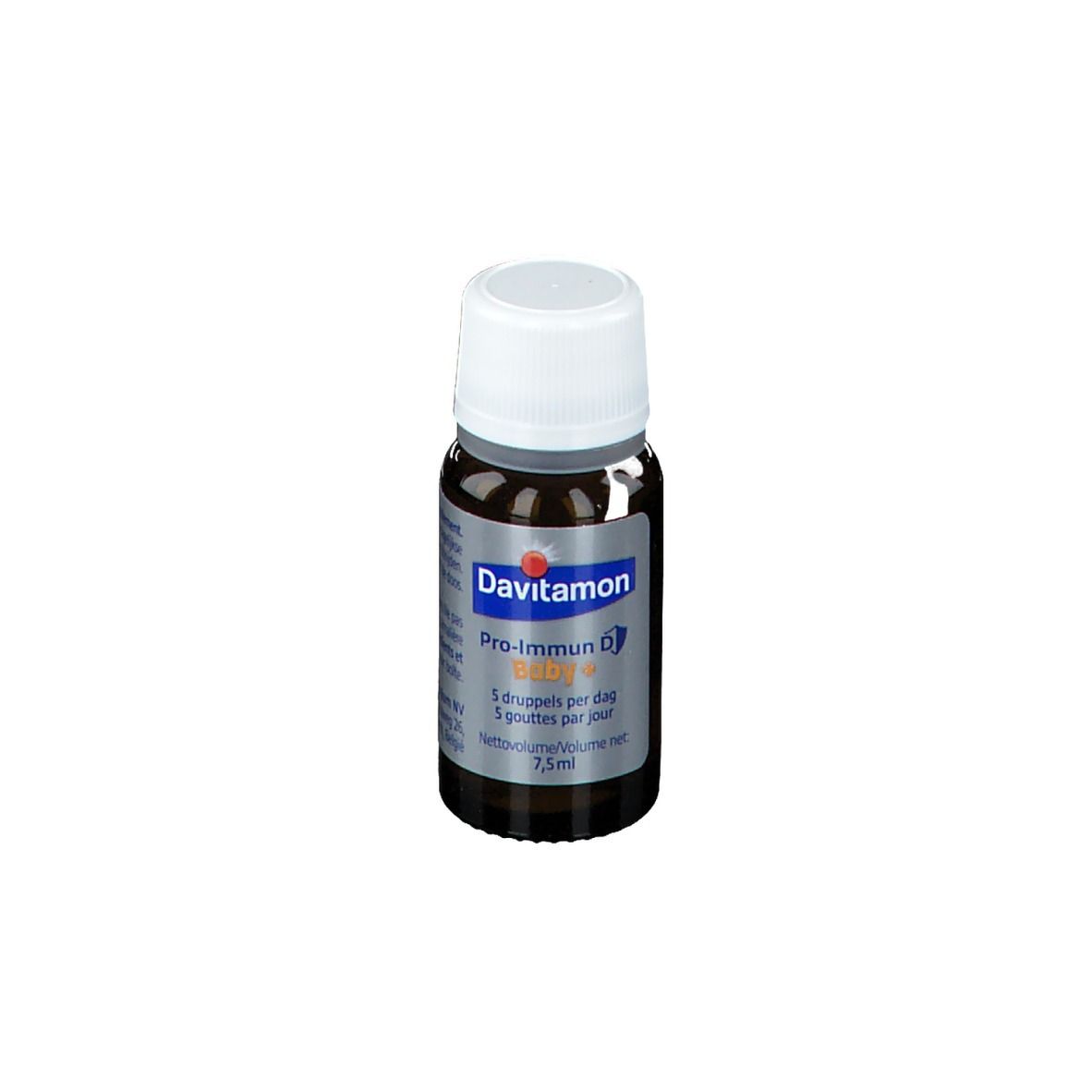 Flacon brun avec bouchon blanc. Étiquette avec Davitamon, Pro-Immun D Baby+ et dosage. 7,5 ml.