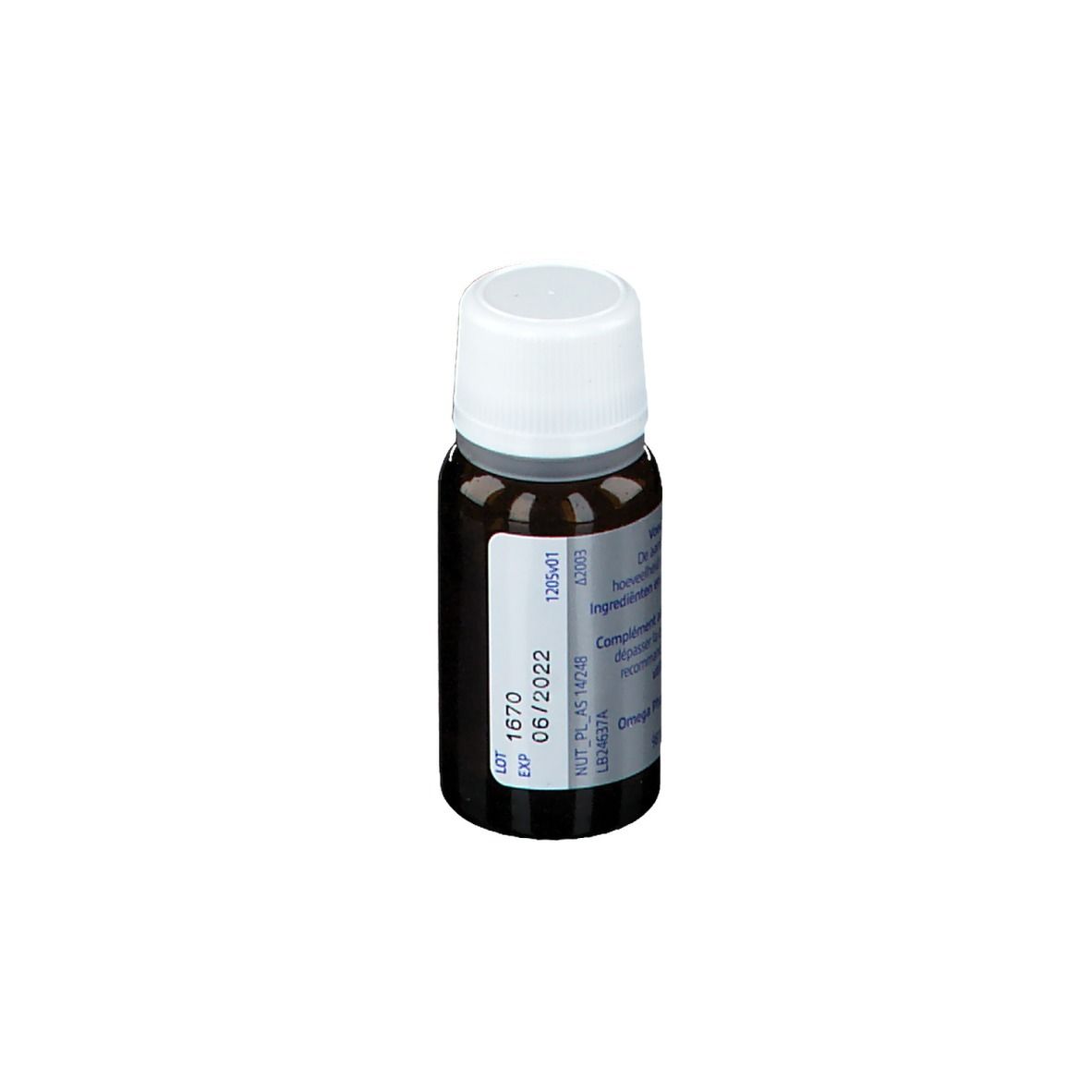 Flacon brun avec bouchon blanc. Étiquette avec numéro de lot et date d'expiration 06/2022.