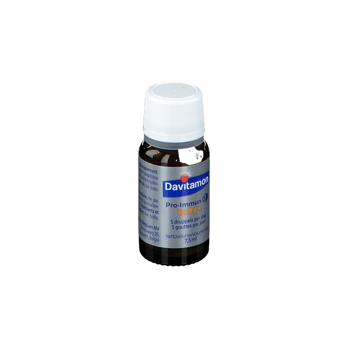 Flacon brun avec bouchon blanc. Étiquette avec Davitamon, Pro-Immun C Baby+ et dosage. 7,5 ml.