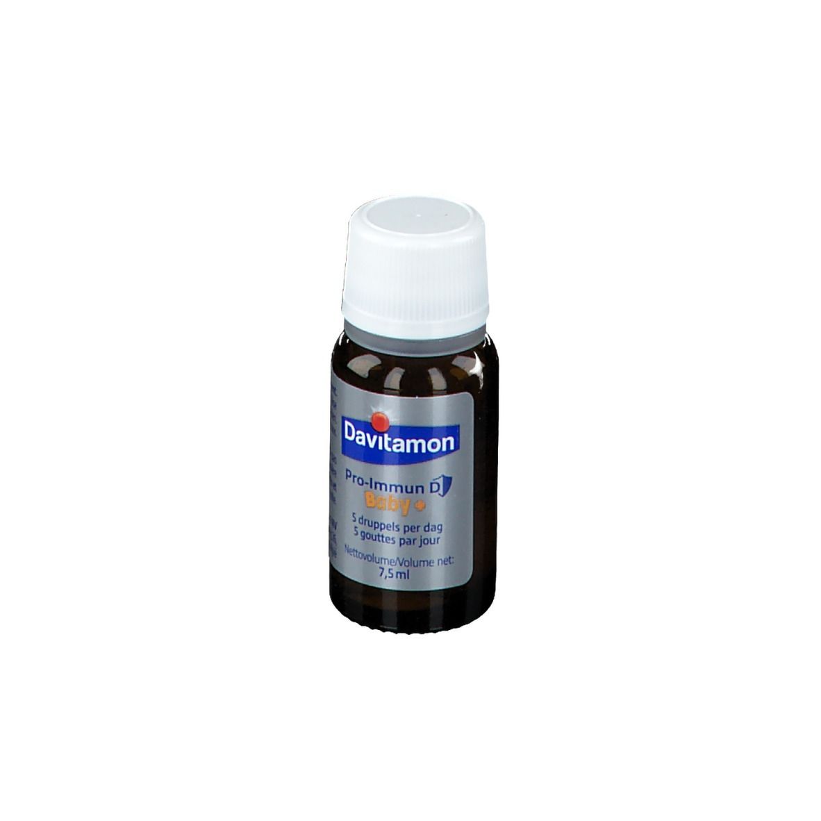 Flacon brun avec bouchon blanc. Étiquette avec Davitamon, Pro-Immun D Baby+ et dosage. 7,5 ml.