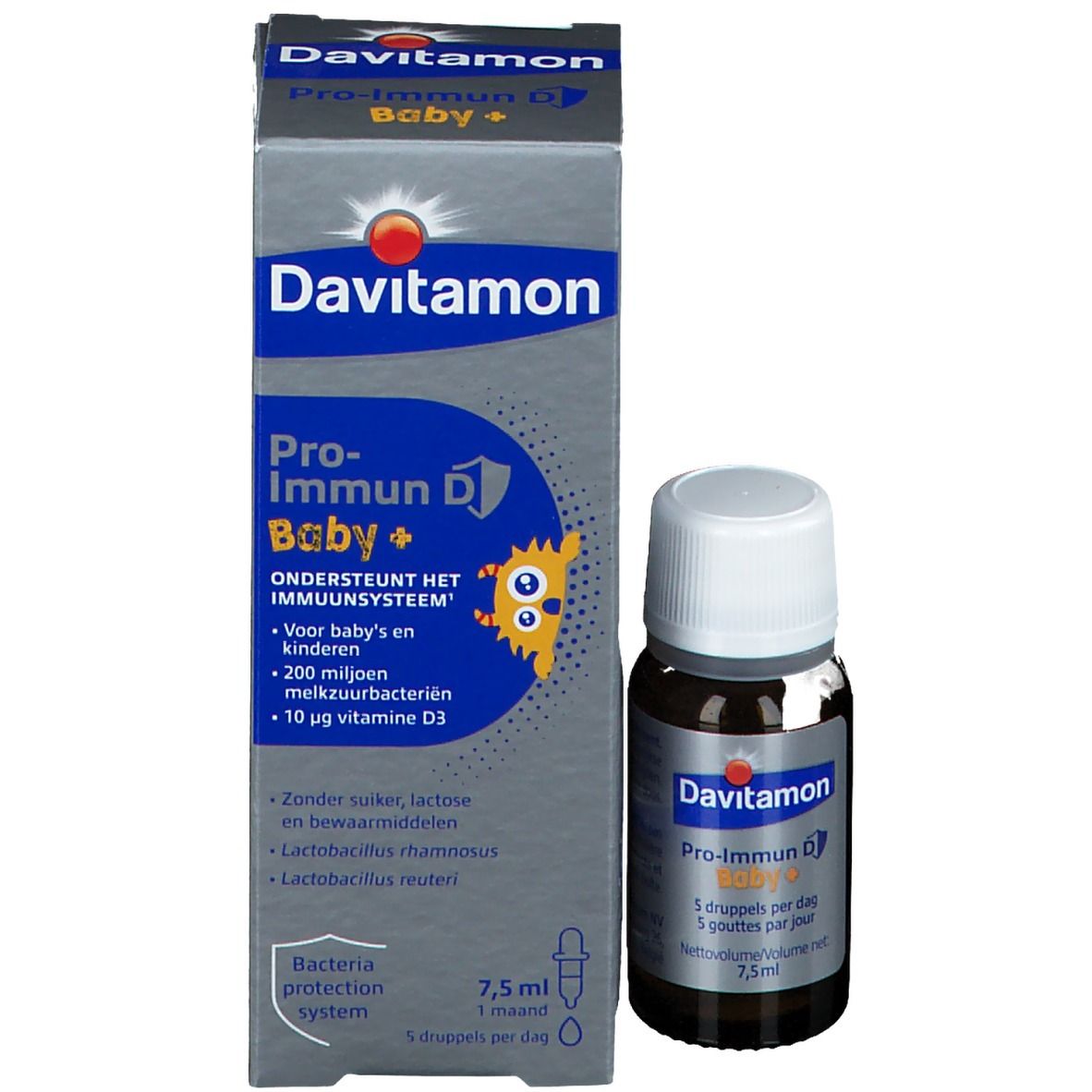 Emballage du produit avec flacon. Boîte avec Davitamon, Pro-Immun D Baby+ et informations. Flacon de 7,5 ml.