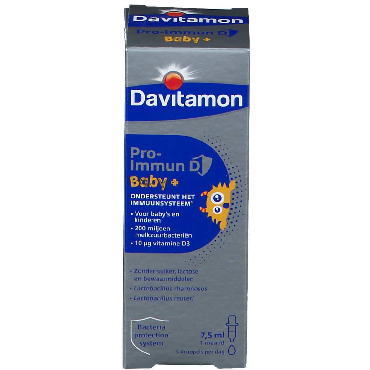 Emballage du produit avec flacon. Boîte avec Davitamon, Pro-Immun D Baby+ et informations. Flacon de 7,5 ml.