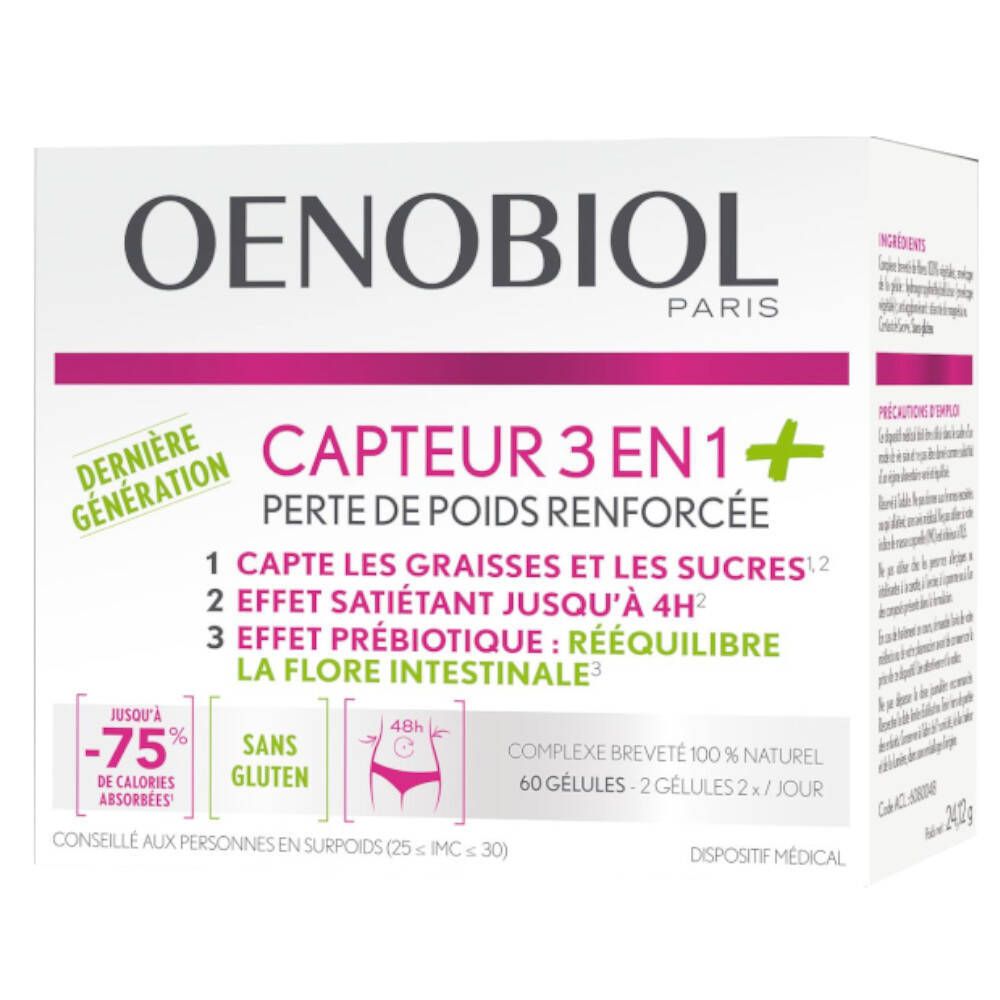Boîte Oenobiol Capteur 3 en 1+. Emballage blanc avec informations et logo.