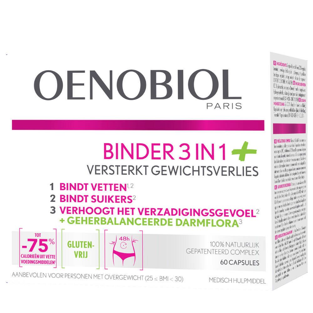 Oenobiol Binder 3 in 1+ verpakking. Witte doos met productinfo en logo.