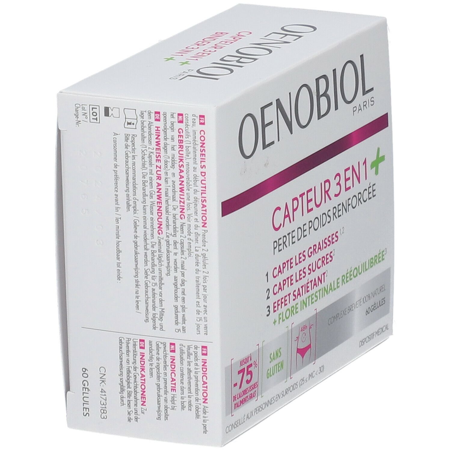 Oenobiol Capteur 3 in 1+ verpakking. Witte doos met productinfo en logo.
