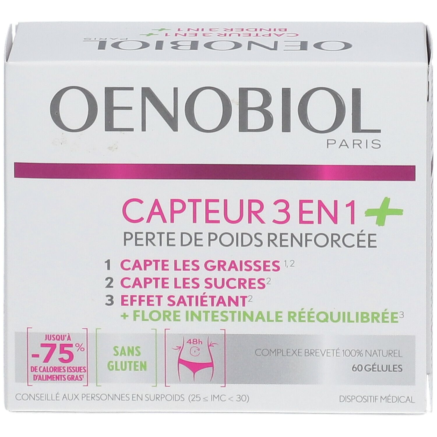 Oenobiol Capteur 3 in 1+ verpakking. Witte doos met productinfo en logo.