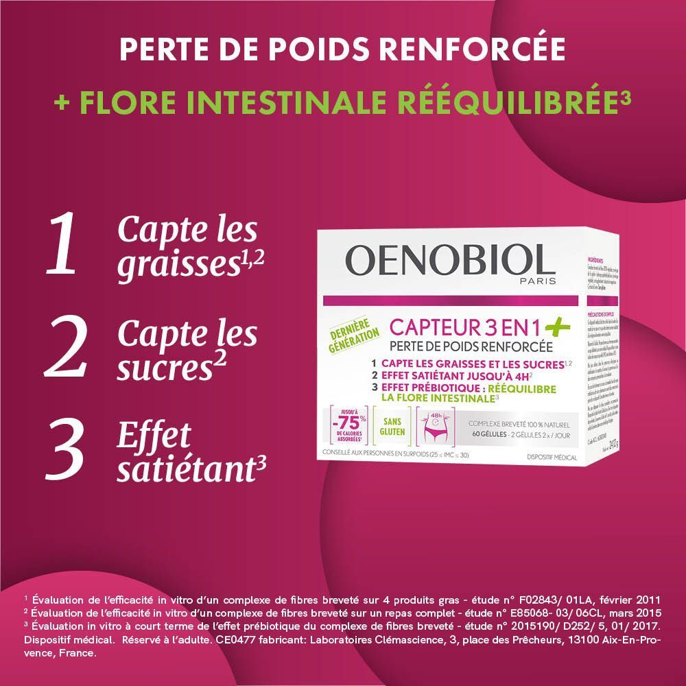 Boîte Oenobiol Capteur 3 en 1+. Emballage blanc avec informations et logo.