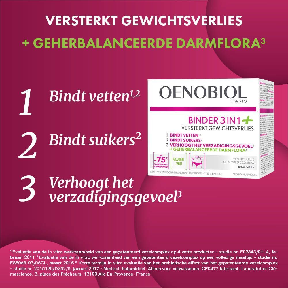 Oenobiol Binder 3 in 1+ verpakking. Witte doos met productinfo en logo.