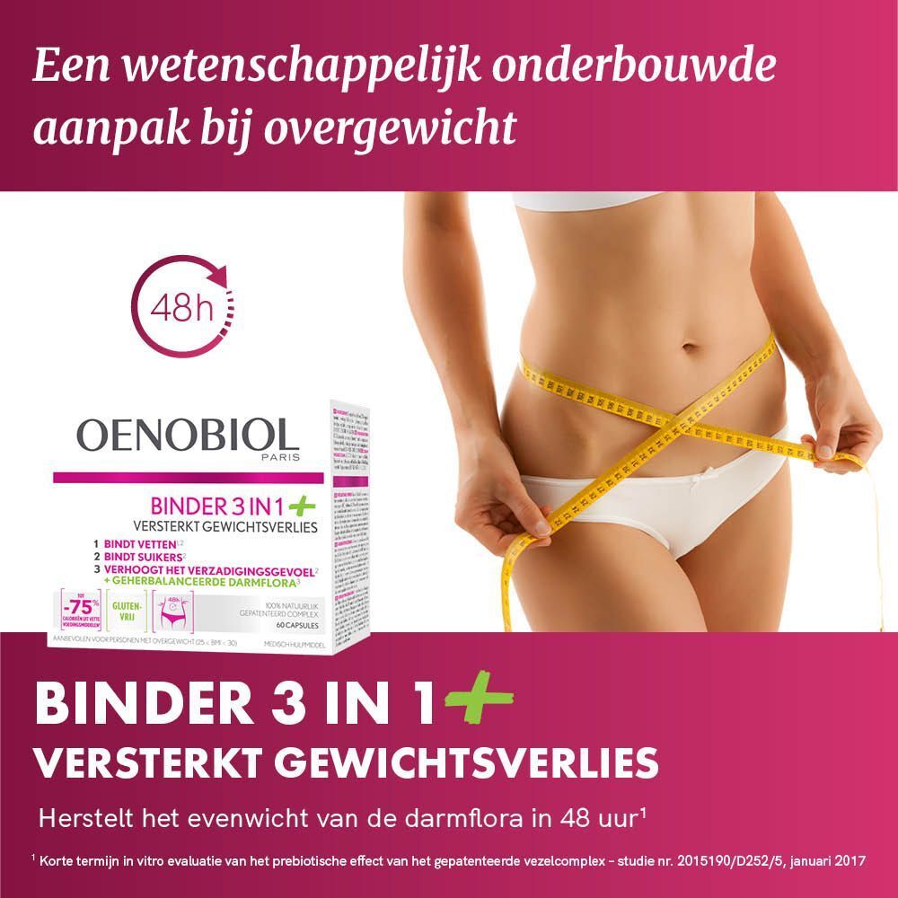Oenobiol Binder 3 in 1+ verpakking. Witte doos met productinfo en logo.