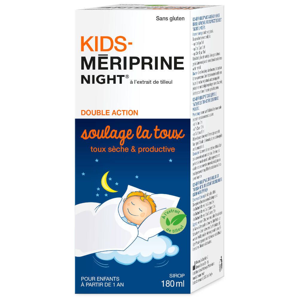Boîte avec nom du produit et illustration d'un enfant dormant. Texte : 'Souage la toux'. Contient 180 ml.