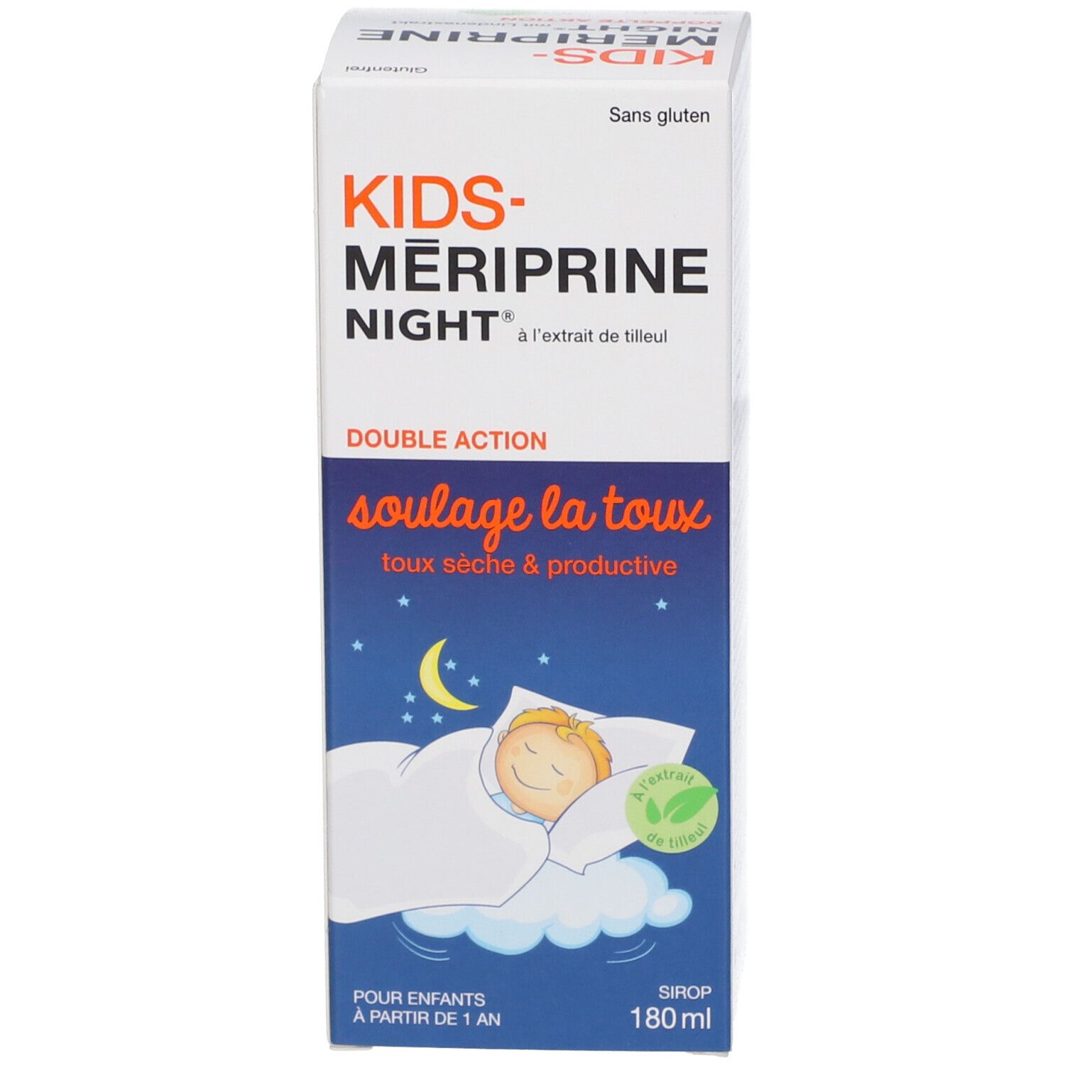 Emballage blanc avec nom du produit et illustration d'un enfant dormant. Contient 180 ml.