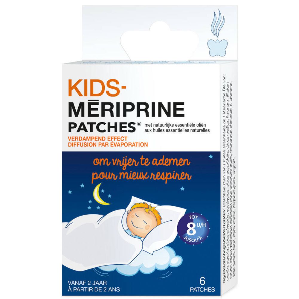 Verpakking KIDS-M
ERIPRINE PATCHES met slapend kind. 6 pleisters. Met natuurlijke essentiële oliën.