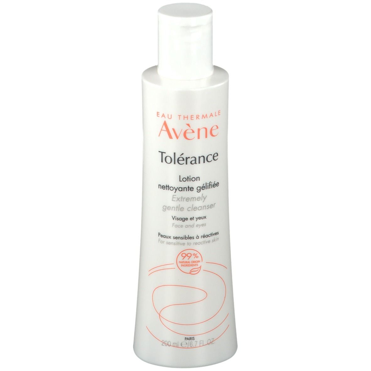 Witte fles met klapdeksel. Opschrift: Eau Thermale Avène Tolérance Lotion nettoyante gélifiée. Voor de gevoelige huid.