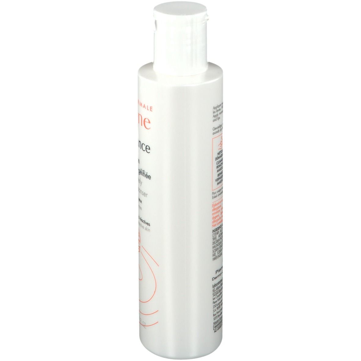 Witte fles met klapdeksel. Opschriften en tekst op de zijkant. Productnaam: Avène Tolérance. Voor de gevoelige huid.