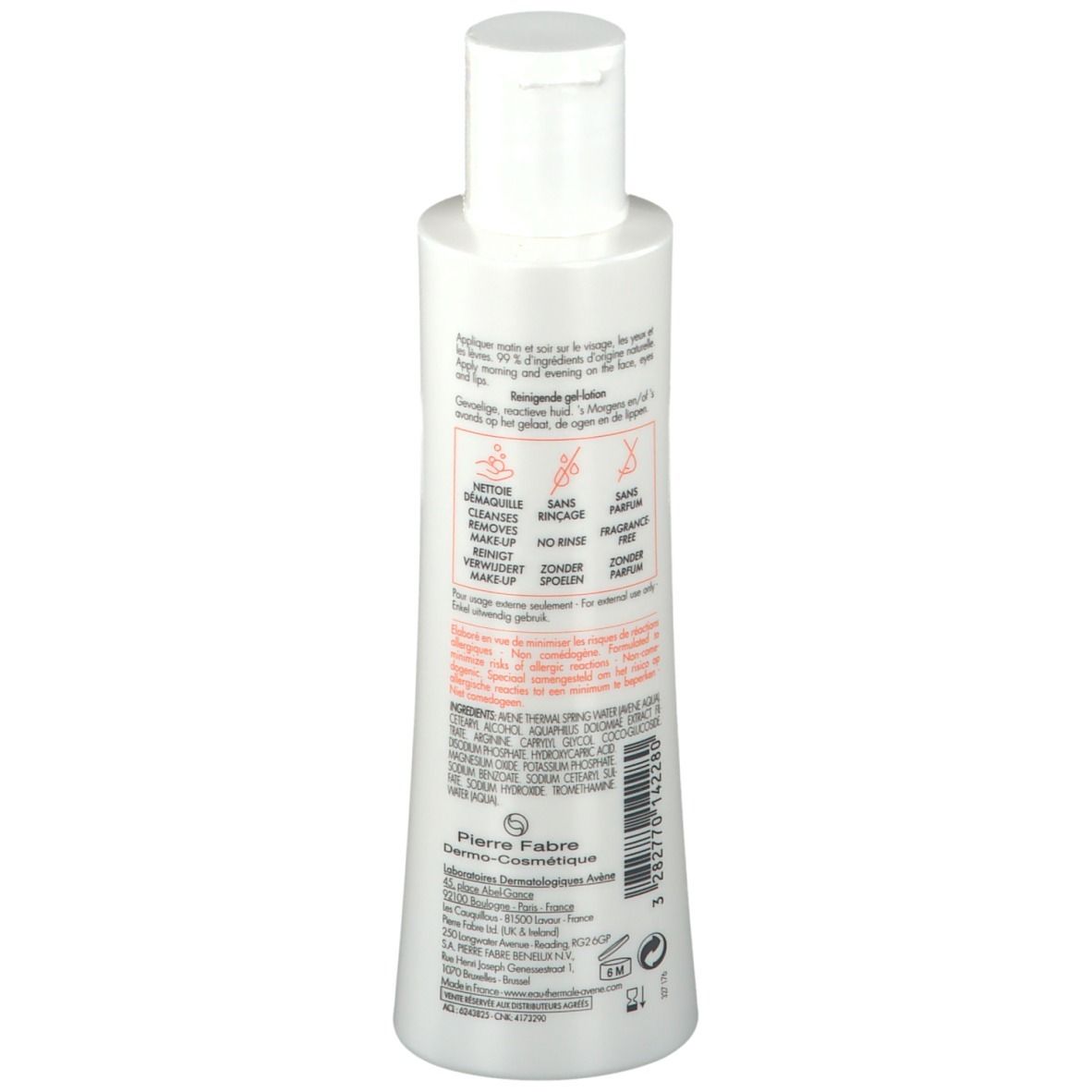Witte fles met klapdeksel. Achterkant met tekst en symbolen. Productnaam: Avène Tolérance. Voor de gevoelige huid.