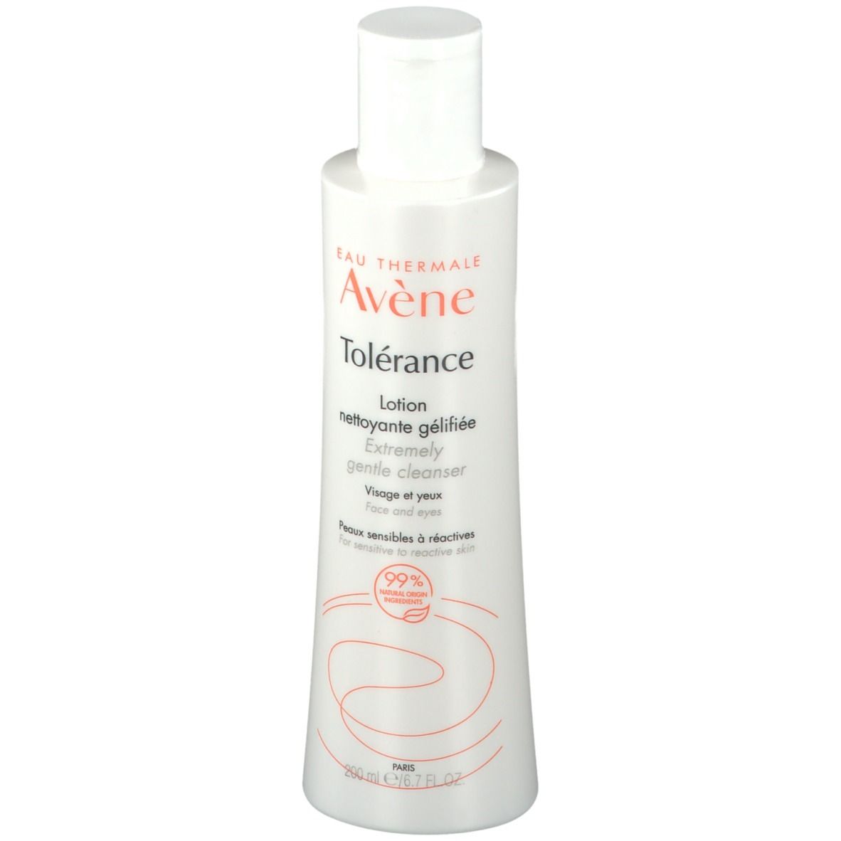 Witte fles met klapdeksel. Opschrift: Eau Thermale Avène Tolérance Lotion nettoyante gélifiée. Voor de gevoelige huid.