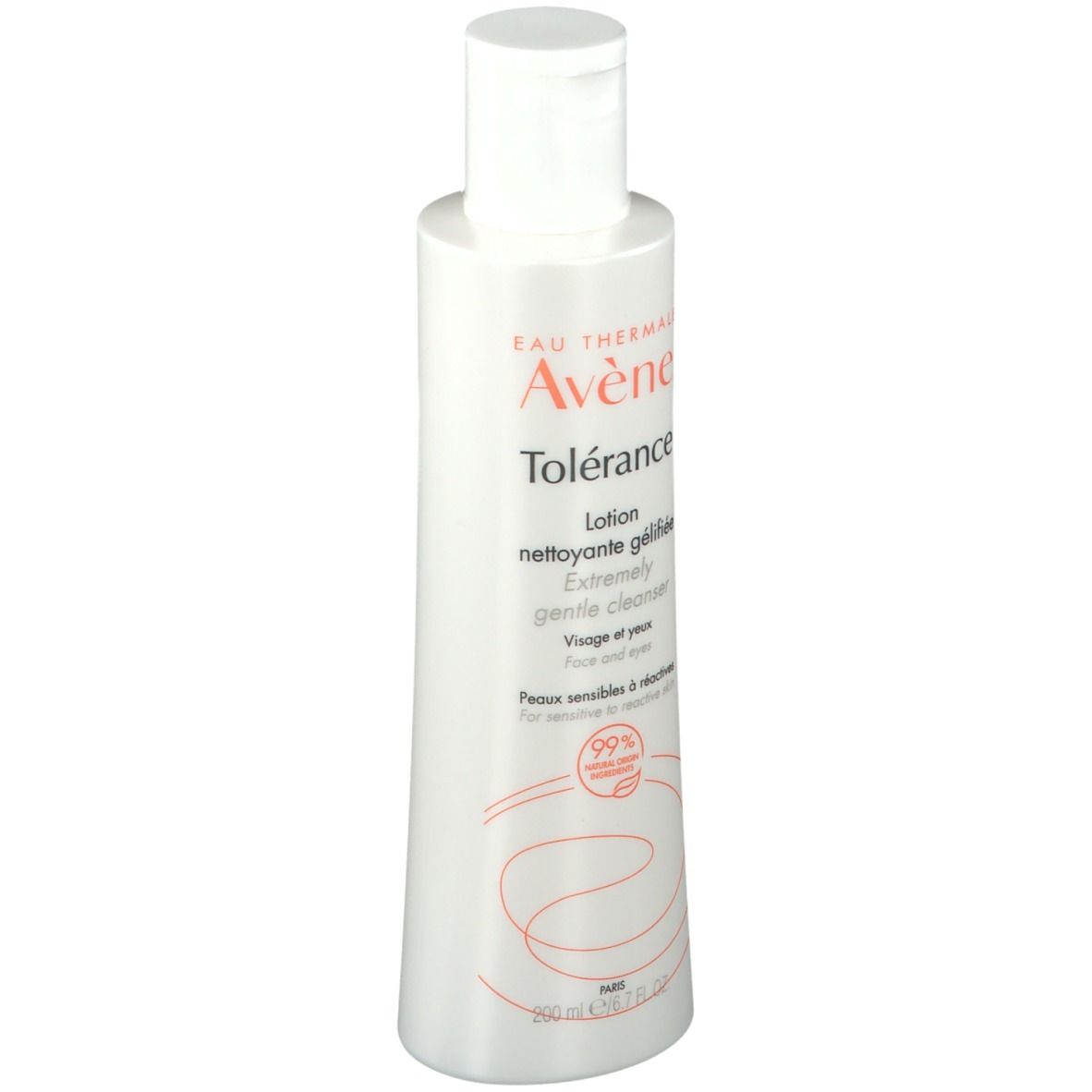 Witte fles met klapdeksel. Opschrift: Eau Thermale Avène Tolérance Lotion nettoyante gélifiée. Voor de gevoelige huid.