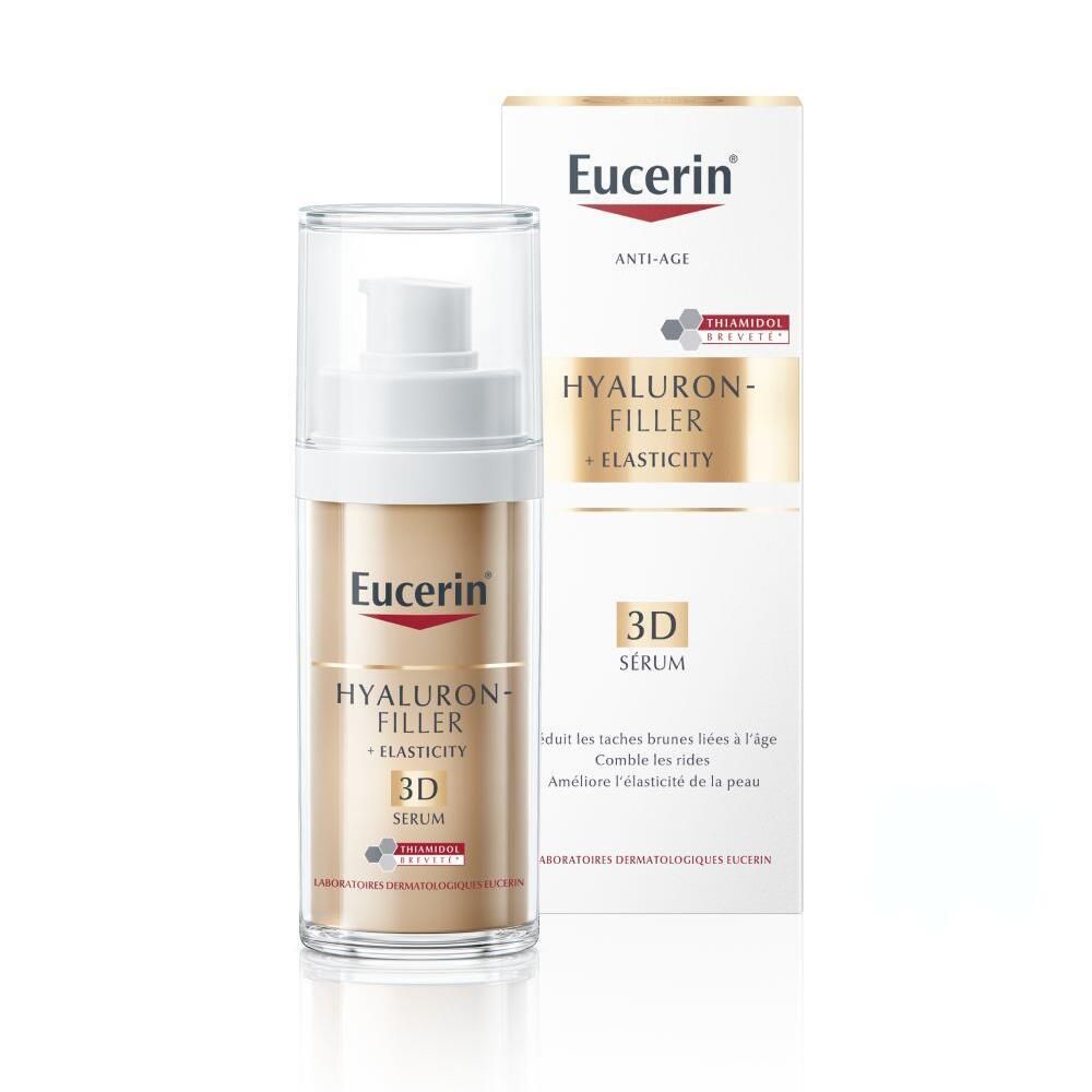 Sérum 3D Eucerin Hyaluron-Filler + Elasticity. Flacon avec pompe et emballage.