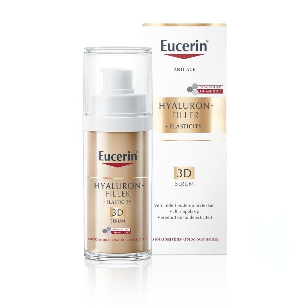 Eucerin Hyaluron-Filler + Elasticity 3D Serum. Fles met pomp en verpakking.