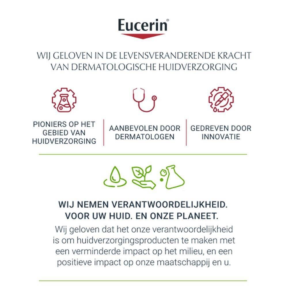 Eucerin-logo. Tekst over huidverzorging en inzet voor milieu en maatschappij.